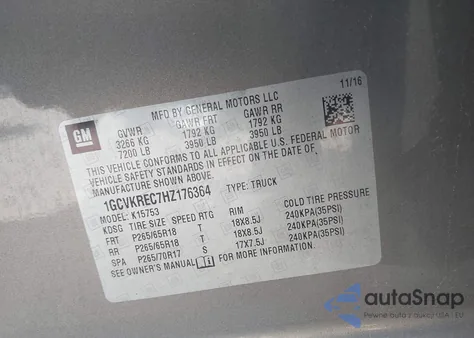 2017 Chevrolet Silverado 1500 2Lt из США, поврежденный, VIN 1GCVKREC7HZ176364